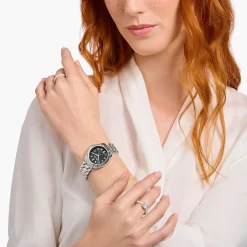 Best Sale Damenuhr Divine Silver mit schwarzem Zifferblatt und weißen Steinen Silber Damen Uhren|Damenuhren